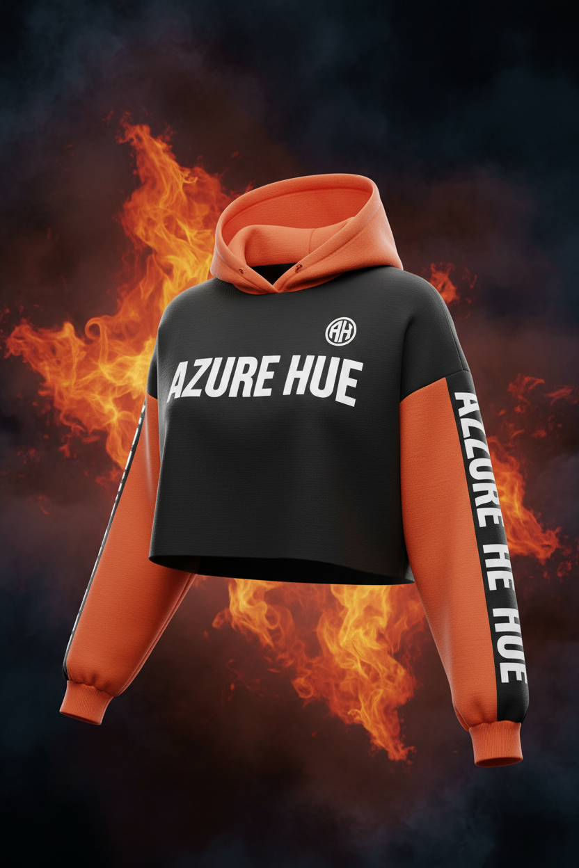 Azure Hue Crop Hoodie - Black & Tangerine