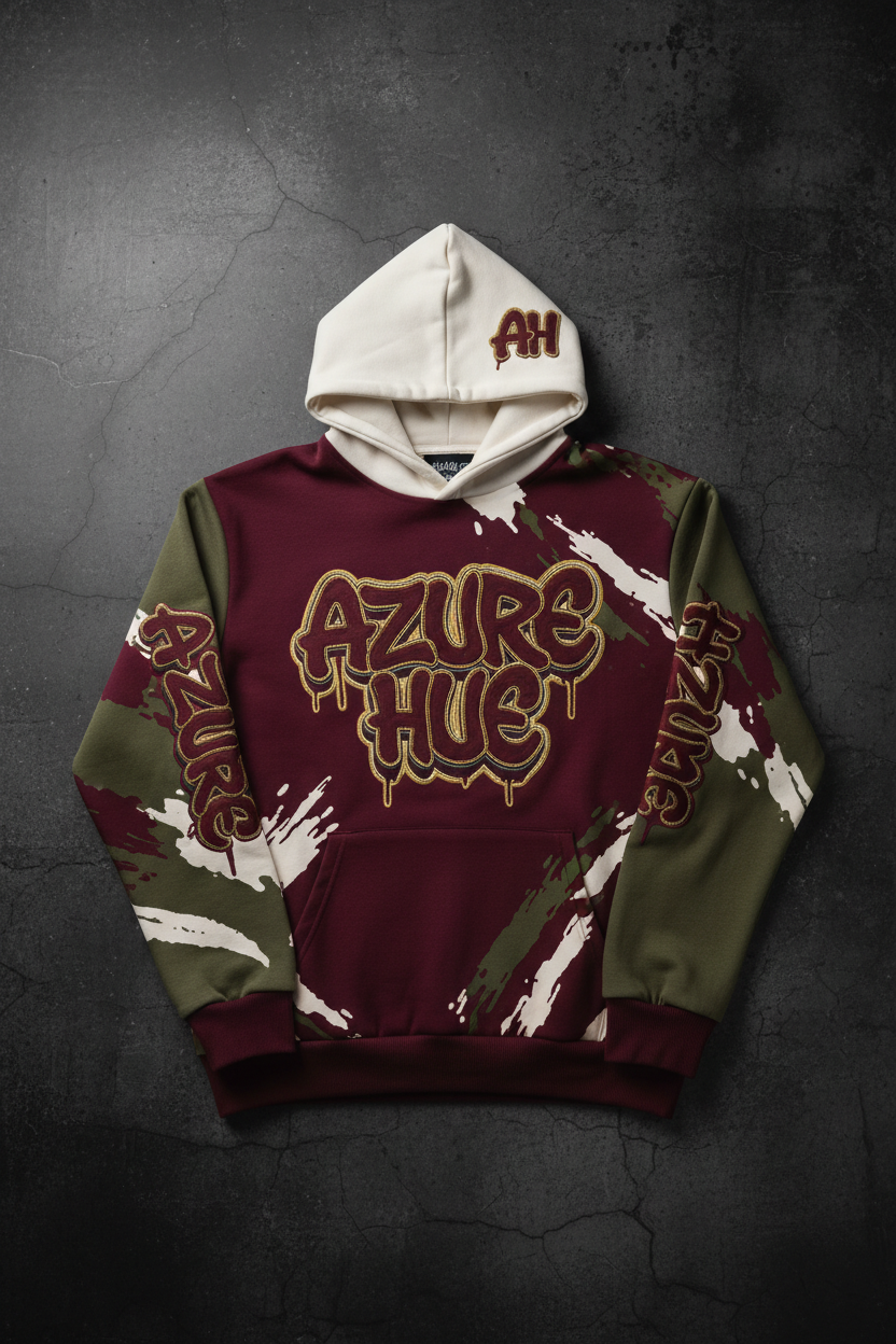 Azure Hue Graffiti Drip Hoodie - Burgundy Olive Cream