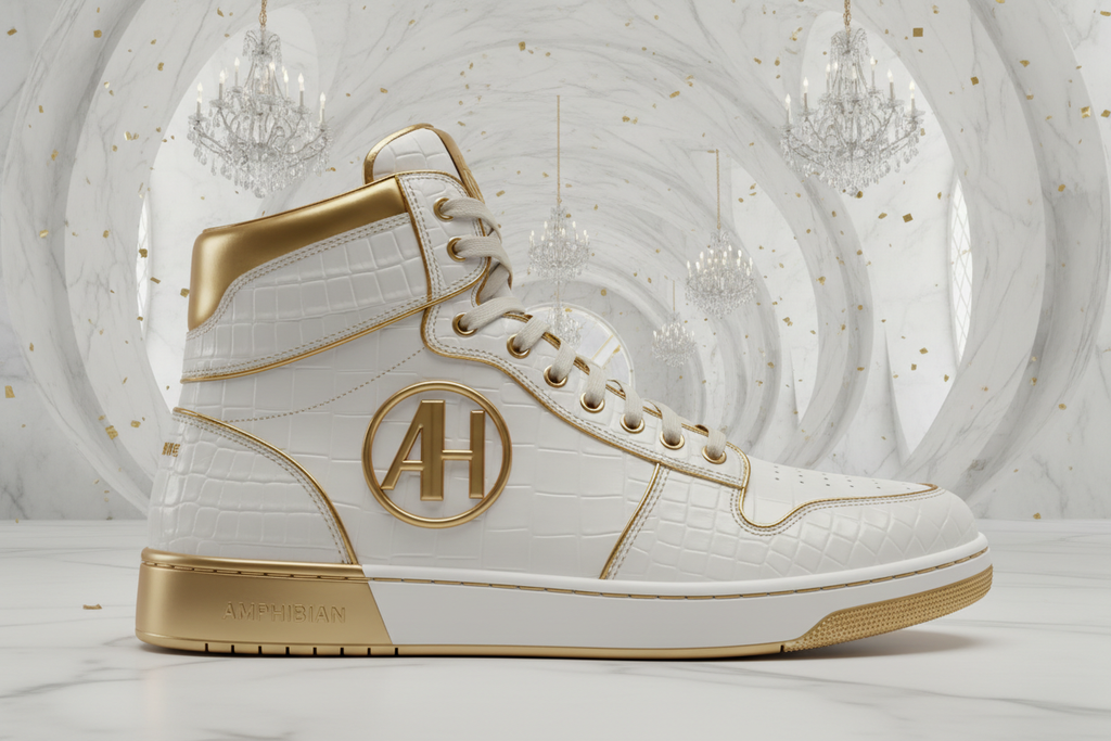 Azure Hue Amphibian High Top White Crocodile Skin Gold