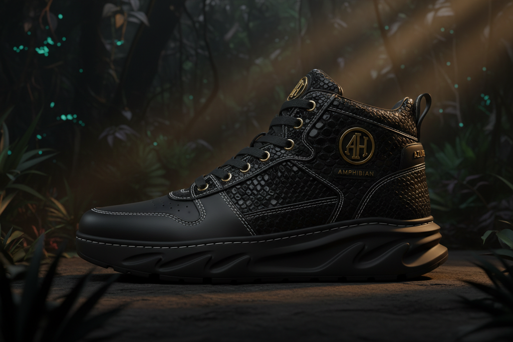 Azure Hue Amphibian Mid Top Black Snake Skin Gold