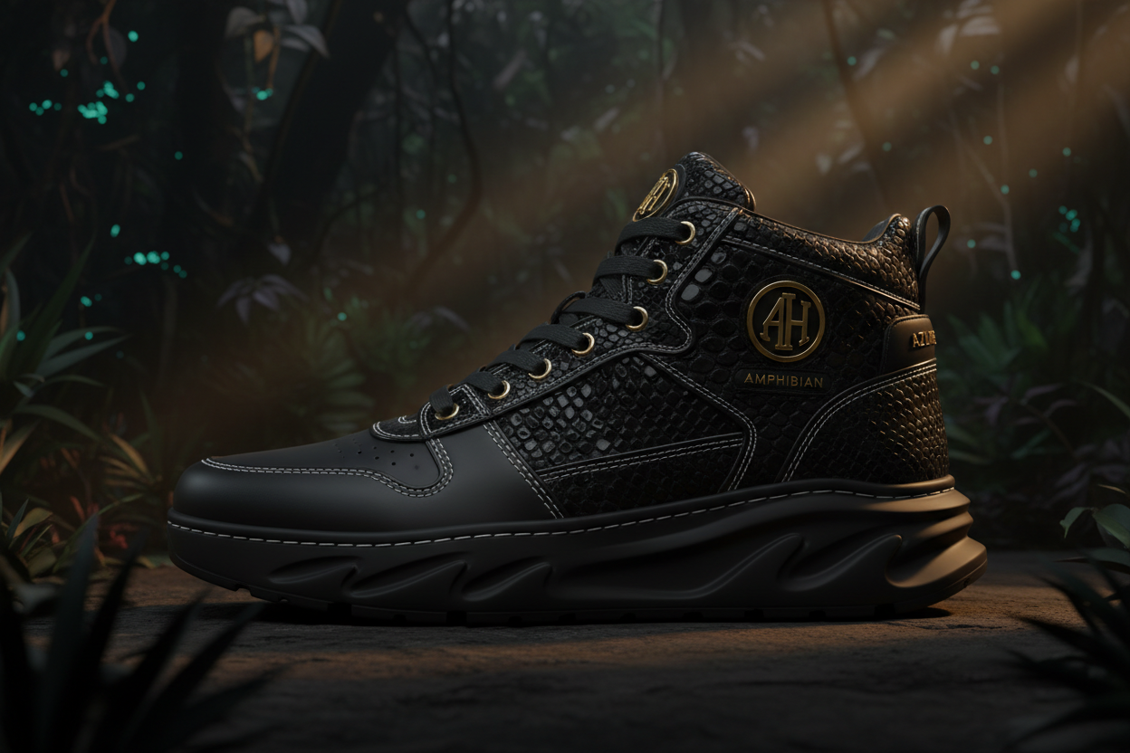 Azure Hue Amphibian Mid Top Black Snake Skin Gold