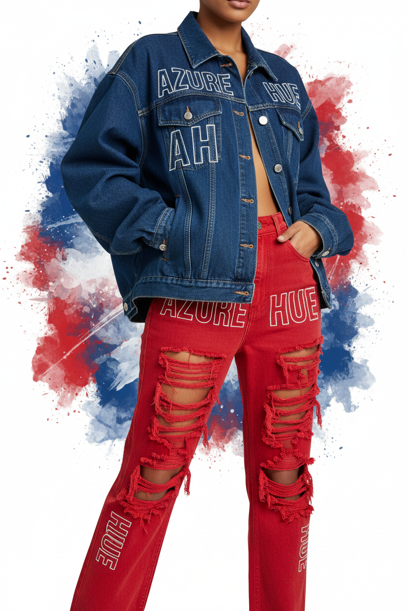 Azure Hue Women's Ripped Denim Set Blue Red Two Tone