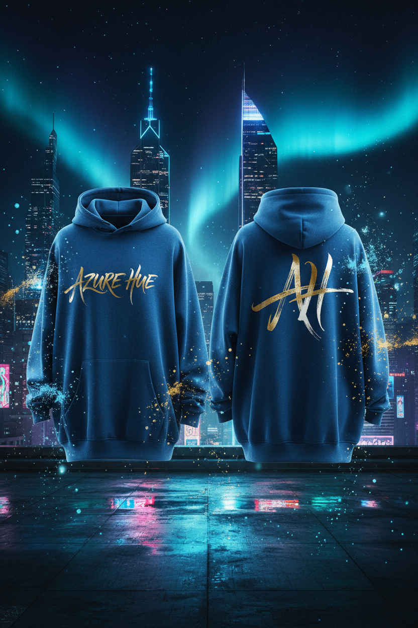 Azure Hue Hoodie - Midnight City Rooftop Aurora Background
